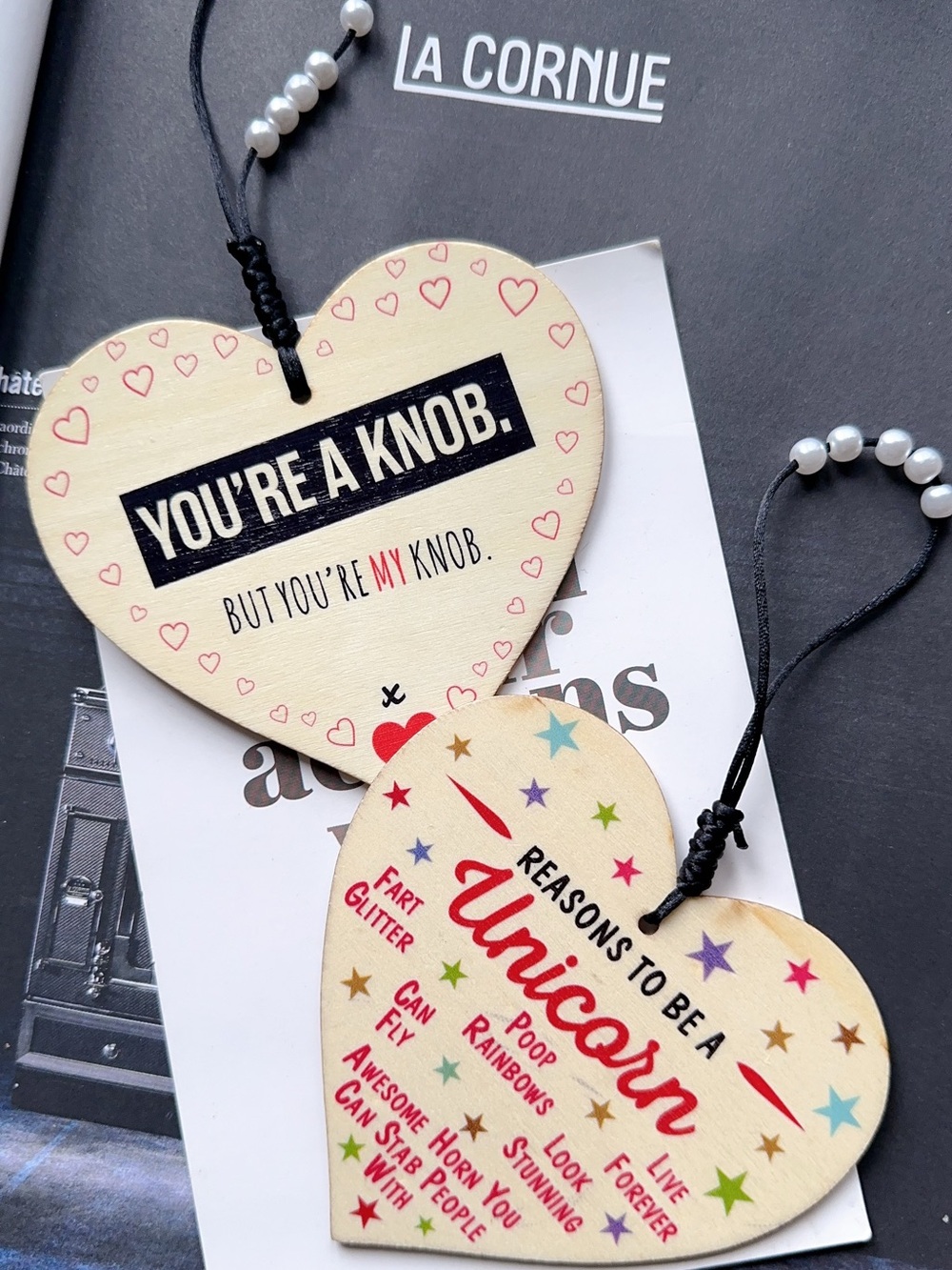 2 Set Wooden Heart Unicorn & You're A Knob heart shaped wooden sign & sentiment